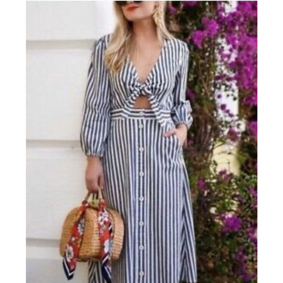 Madewell Shimmer Stripe Cutout tie bust Button Skirt Midi Dress NWOT $110 size 2 - Picture 3 of 9